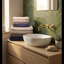 Basic u0026 More Badehåndklæde m Stribe CAMRON (70x140cm) Grøn/Beige> Håndklæder|Håndklæder