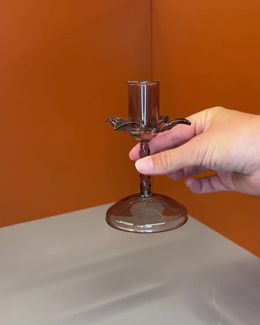 Ukendt Glaslysestage, m/blade , brun h12cm> Lysestager & Stearinlys